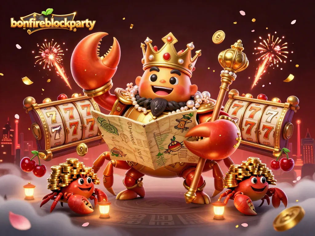 Experience the excitement of bonfireblockparty with a vibrant casino-themed digital illustration featuring a golden crab emperor.
