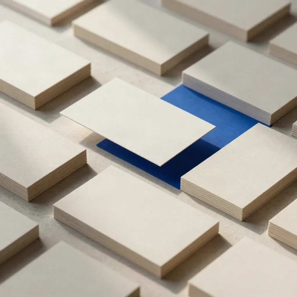 Tarjetas modulares de identidad visual en travertino, con un acento azul cobalto.
