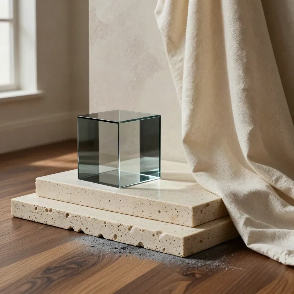 Set de dirección de arte con plintos de travertino, vidrio y drapeado crema en luz dramática.