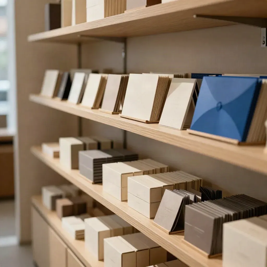 Shelf ordenada con productos Niebla, cajas crema y acentos azul cobalto en una tienda luminosa.