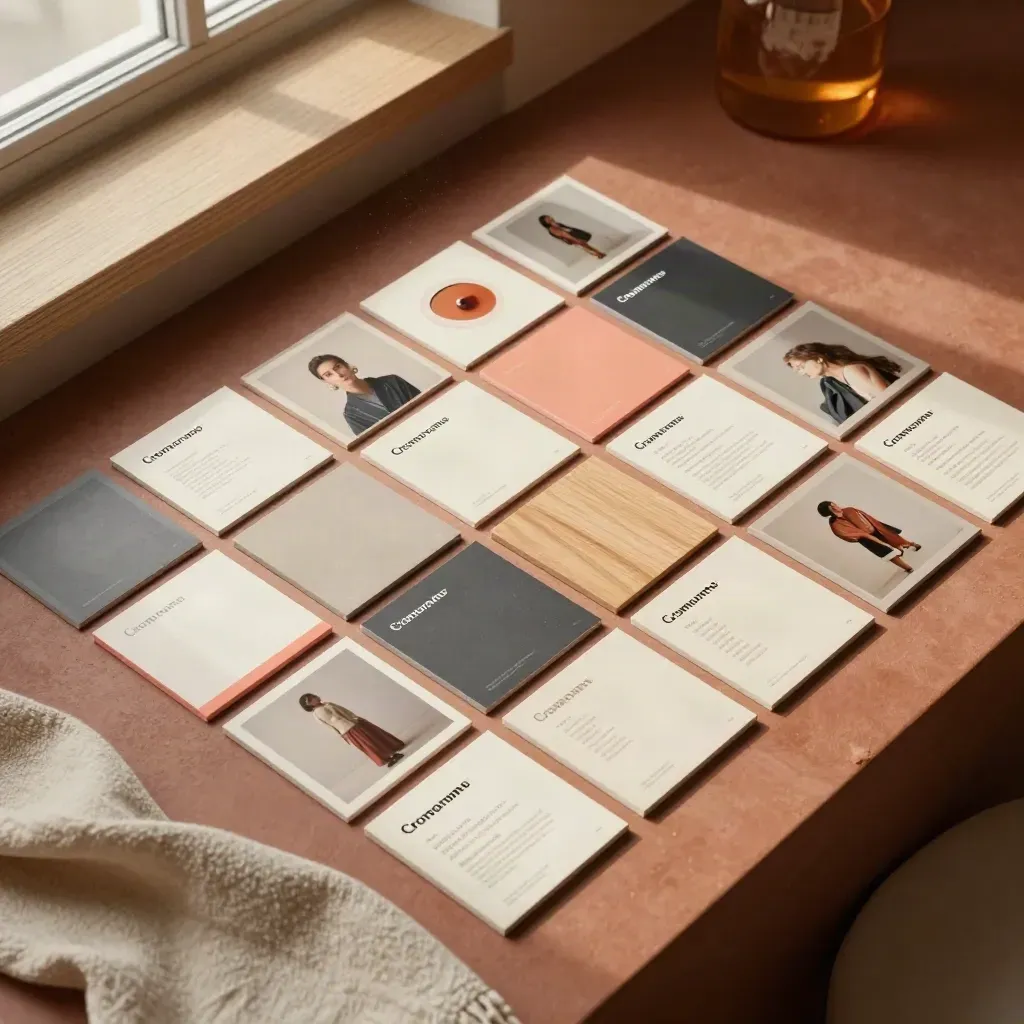 Plan editorial de redes con tarjetas cuadradas, piezas story y acento coral sobre terracota.