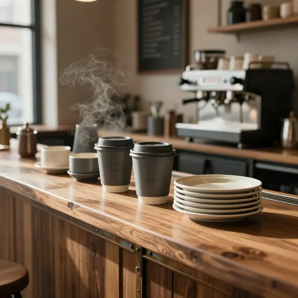 Mostrador cálido de café con tazas, platillos y menús desenfocados.