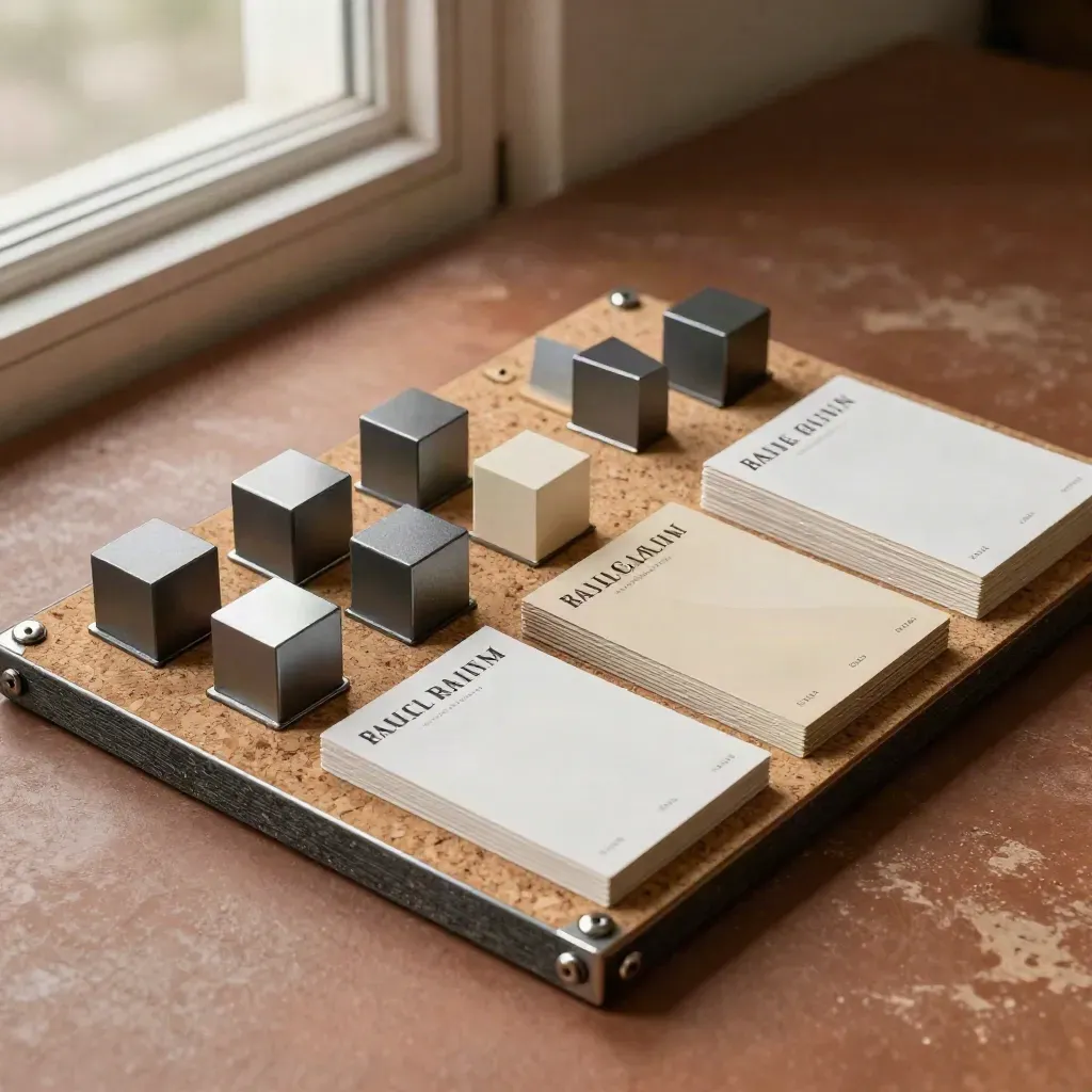 Kit de estratega visual con tarjetas, imanes y corcho sobre una mesa terracota.