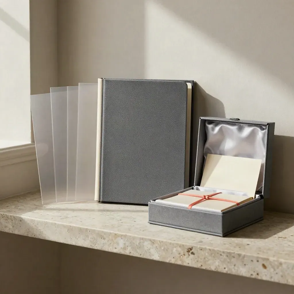 Kit final de marca con libro, fundas de acetato, caja y sobre sellado sobre piedra clara.