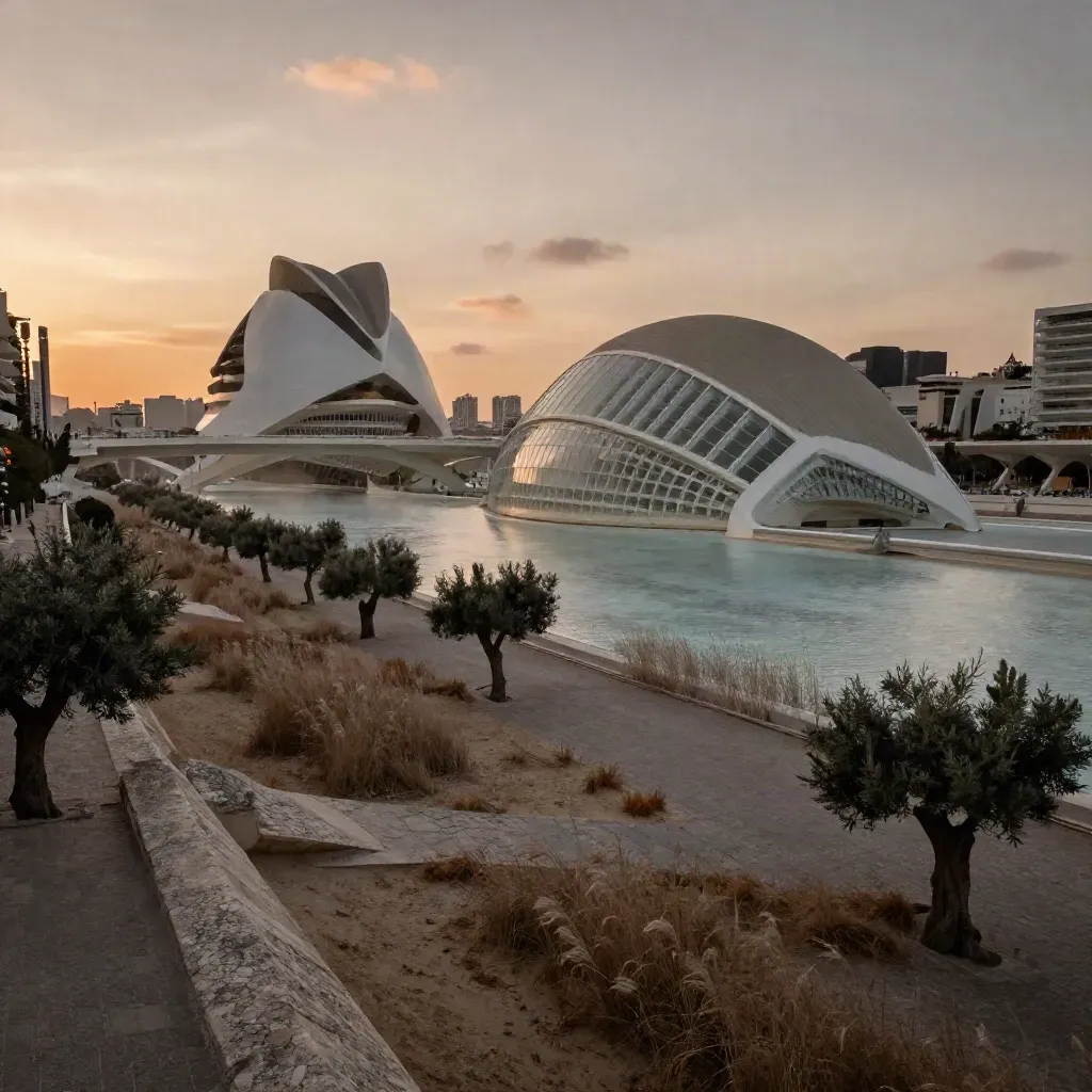 Vista aérea de Valencia al atardecer, con la Ciudad de las Artes y las Ciencias sobre la huerta y el cauce seco.