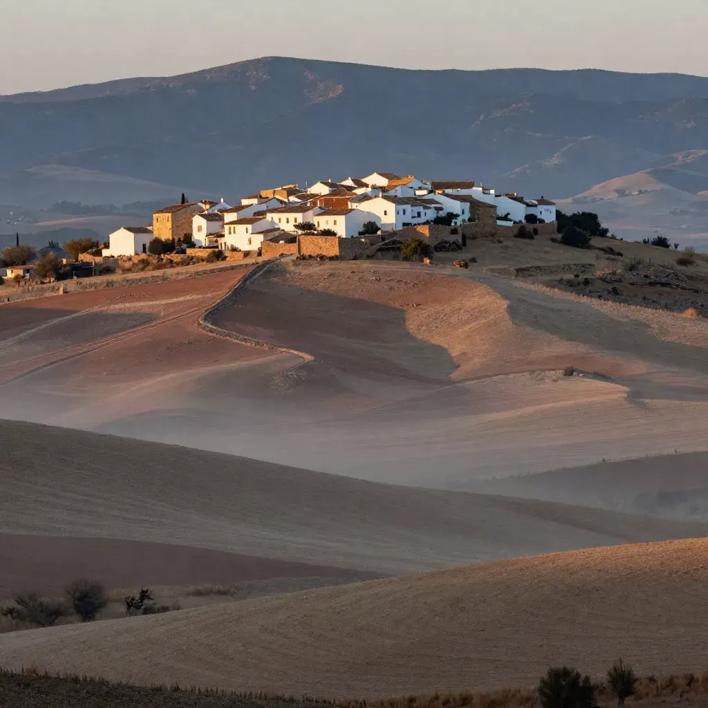 Meseta ibérica con pueblo blanco en la cresta y bruma cálida al atardecer.