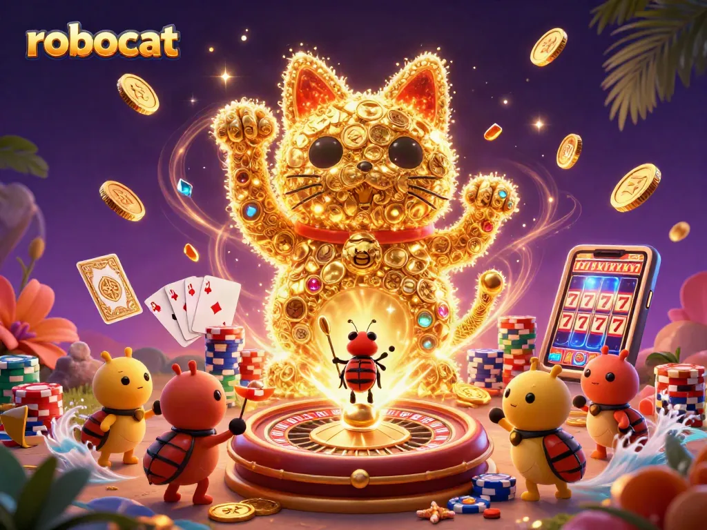 robocat shows a giant lucky cat made from golden fireflies surrounded by casino elements.