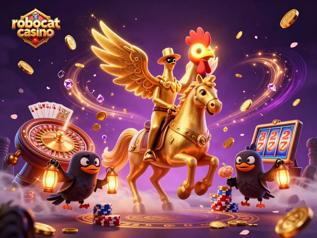 Experience the excitement of robocat casino with a golden rooster and friends amidst dynamic casino elements.