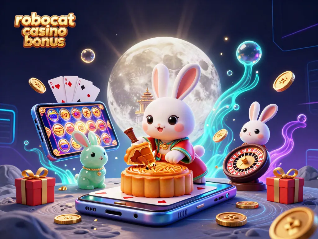 Engage with the robocat casino bonus through an enchanting scene featuring a moon rabbit and gaming elements.